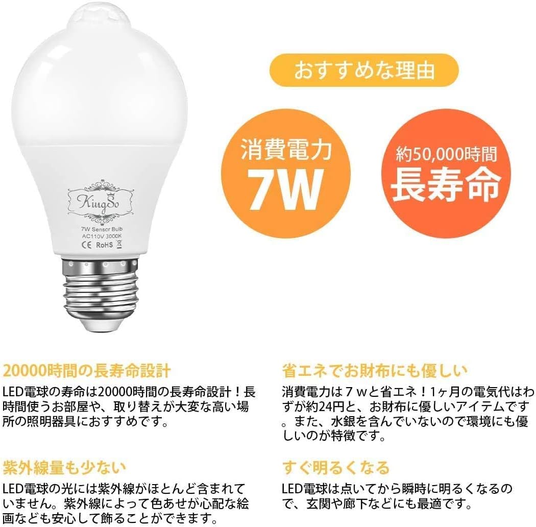 Amazon Led電球 広配光タイプ 人感センサー付き 明暗センサー 室内センサーライトト 自動点灯 消灯 センサーライト E26口金 Led センサー 60w形相当 2個セット 感応電球 電球色 Kingso Led電球
