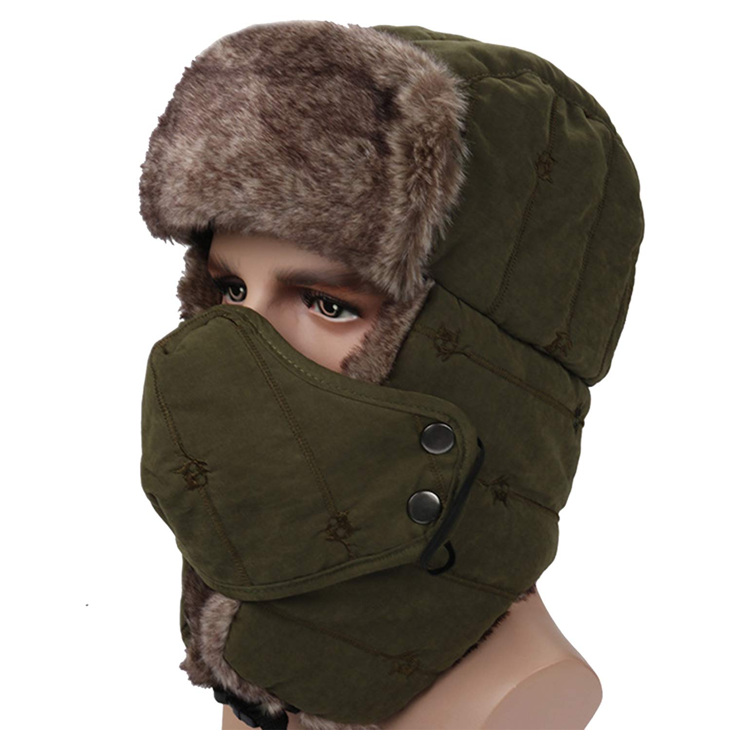 Winter Trapper Hat for Men Women Warm Ushanka Aviator Russian Windproof Hat with Mask,Army Green