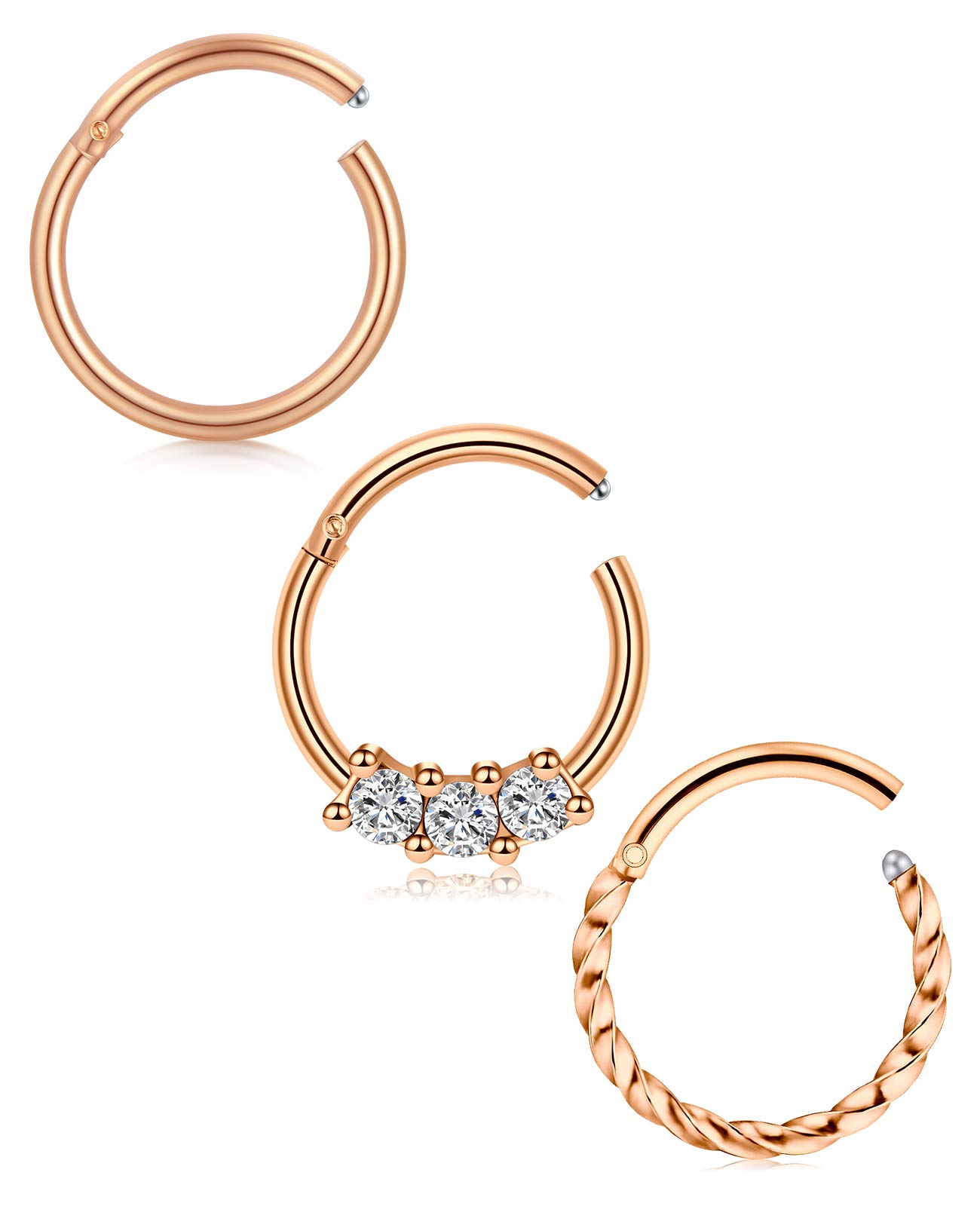 JFORYOU Stainless Steel Cartilage Earrings Sleeper Earrings with Shiny CZ 3Pcs Clicker Nose Ring Segment Body Piercing for Women Men 8mm