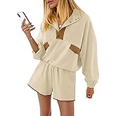 Fisoew Womens 2 Piece Sets Sweatsuits Casual Half Button Color Block Sweatshirts Running Shorts Tracksuits Fall Outfits