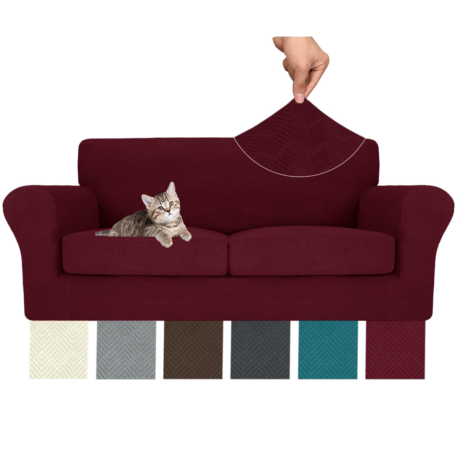 Photo 1 of MAXIJIN 3 Piece Couch Covers for 2 Cushion Couch Sofa Cover, Stretch Loveseat Sofa Slipcovers for Sofas with 2 Large Cushions, Thick Dogs Pet Furniture Covers (71"-91", Wine Red)
