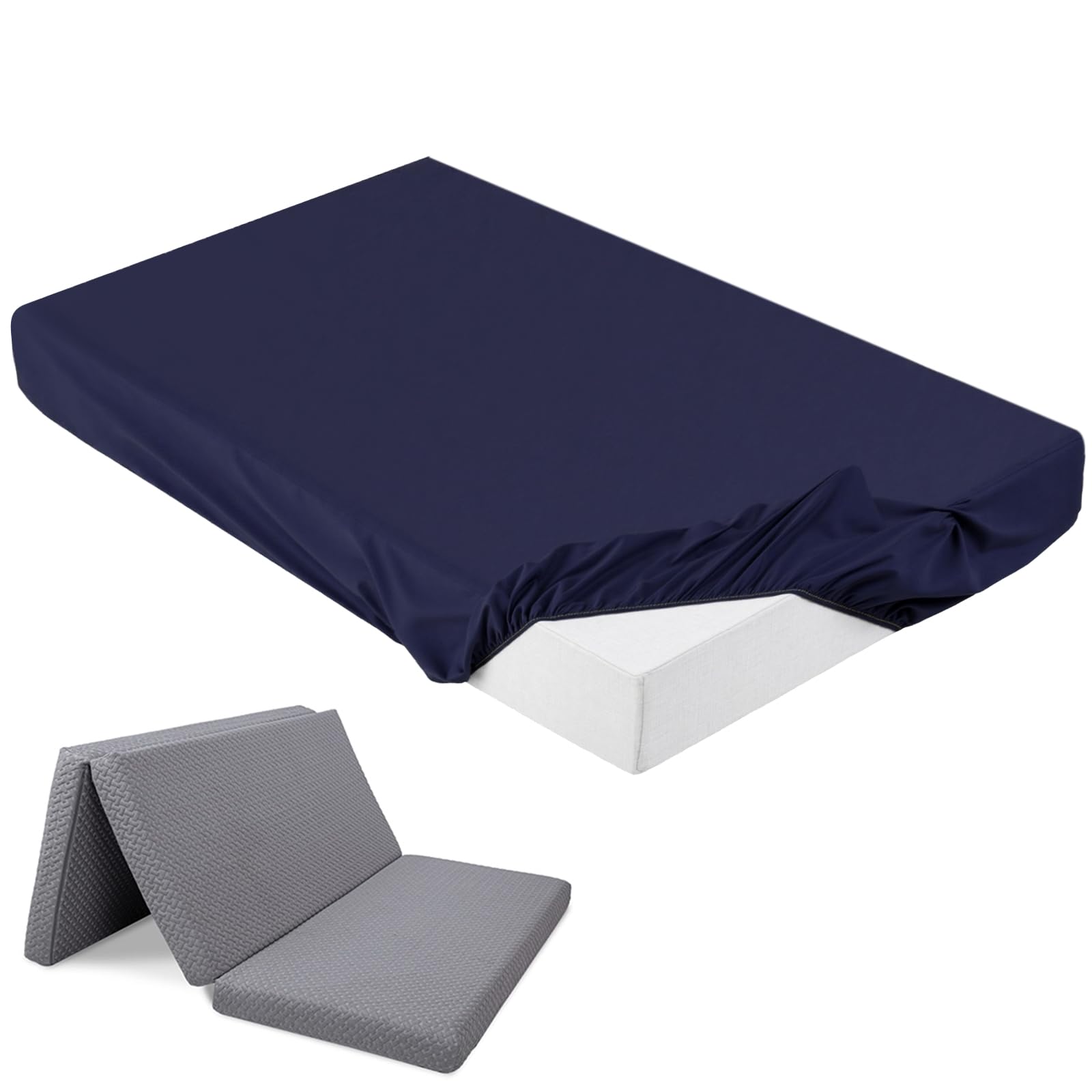Breling Fitted Sheet (Sheet Only) Compatible with Milliard Trifold Mattress Folding Mattress Fitted Microfiber Bedsheet for Camp Bunk Rvs Bed(Queen,4'',Navy Blue)