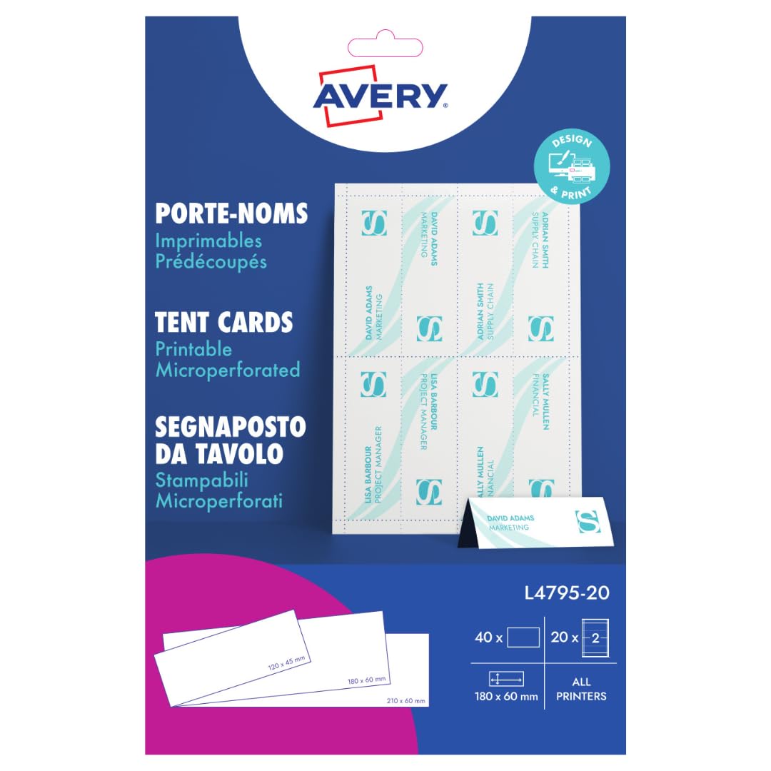 Avery L4795-20 Printable Place/Tent Cards, 2 Cards Per A4 Sheet