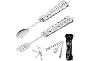 Emperoch 2 Pcs Butterfly Fork and Spoon Set, 9 Inch Foldable Fork and Spoon, Silver Stainless Steel Tactical Butterfly Fork S
