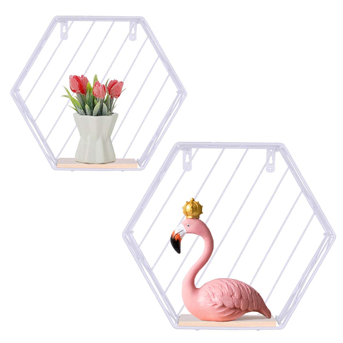 Floating Shelves Wall Mounted Metal Wire Art Hexagon Shelves with Solid Wood Board for Plant Display, Storage Racks & Organiser, Home Decoration Wall Shelf Set of 2 (White, Stripe)