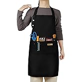 Hongsome Adjustable Button Apron for Women Men Artist Painting Pottery Garden Cooking Kitchen Chef 3 Pockets Waterproof M-XXL
