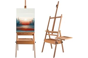 Stuelloaf Large Solid Beech Wood Painting Easel with Storage Drawer and Palette (60"~75" H), H-Frame Foldable Wooden Easel Stand with Signature Box for Adults and Students, Holder up to 36''