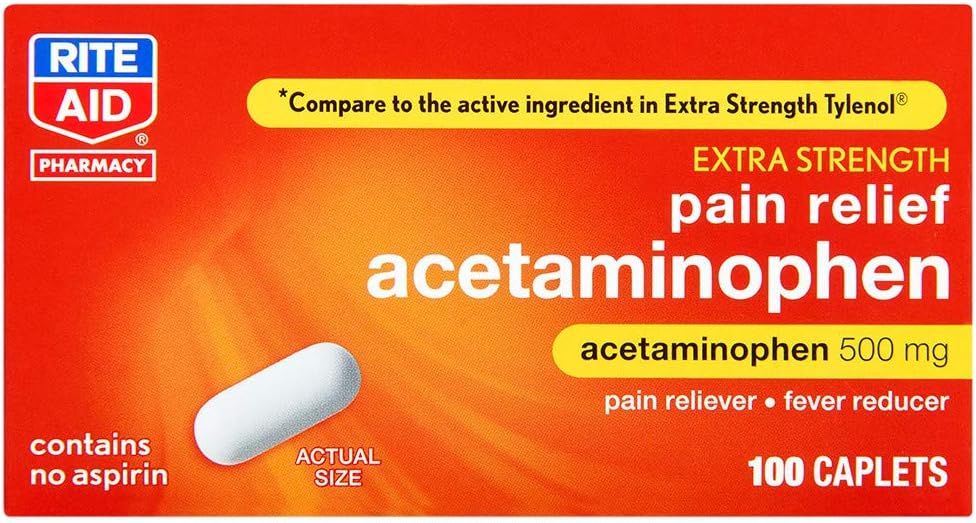 Rite Aid Extra Strength Acetaminophen, 500mg - 100 Caplets | Pain Reliever & Fever Reducer | Migraine Relief Products | Joint & Muscle Pain Relief Pills | Menstrual Pain Relief | Back Pain Relief: Health & Personal Care