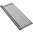 Silicone-Coated Stainless Steel Over The Sink Multipurpose Roll-Up Dish Drying Rack, 17.2"X12.2", Heat Resistant Non Slip Dish Draining Rack BPA Free Dishwasher Safe (S, Gray)