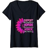 Womens Pink Sunflower Support Admire Honor Breast Cancer Awareness V-Neck T-Shirt