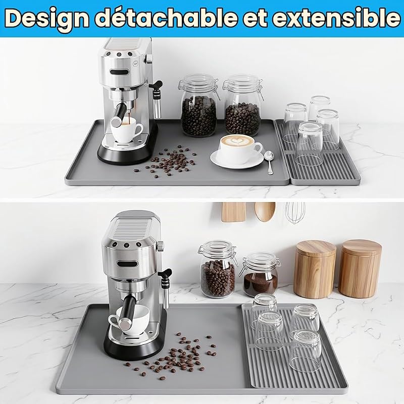 Tapis de Machine à Café 2 en 1, 60x40 cm Tapis pour Machine à Café Tapis Égouttoir Vaisselle, Tapis de Séchage Rapide Cafetiere, Plateau Antidérapant Cafetiere en Silicone pour Cuisine Bar Gris — photo 6 sur 8