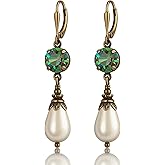 Vintage Lever back Earrings for Women Simulated Pearl Austrian Crystal Dangle Drop Victorian Antique Inspired - Jewelry Gift for Her