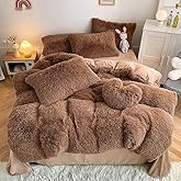 Roscloud Faux Fur Coffee Colorful Comforter Sets Queen - 3PC Bed Set Ultra Warm Soft Skin Friendly Rabbit Plush Flannel Velvet Fluffy Fuzzy Bedding（Comforter x 1 Pillowcases x 2）