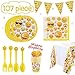 Betheaces Emoticon Party Supplies 107 Piece Birthday Decorations Emoticon Paper Plates for Kids Boy Girl Disposable Tableware Cake Topper Set, Napkins, Banner, Serves 20