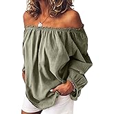 Womens Linen One Shoulder Top Stylish Cotton Long Sleeve Ruffle Balloon Sleeve Shirt for Casual Elegance