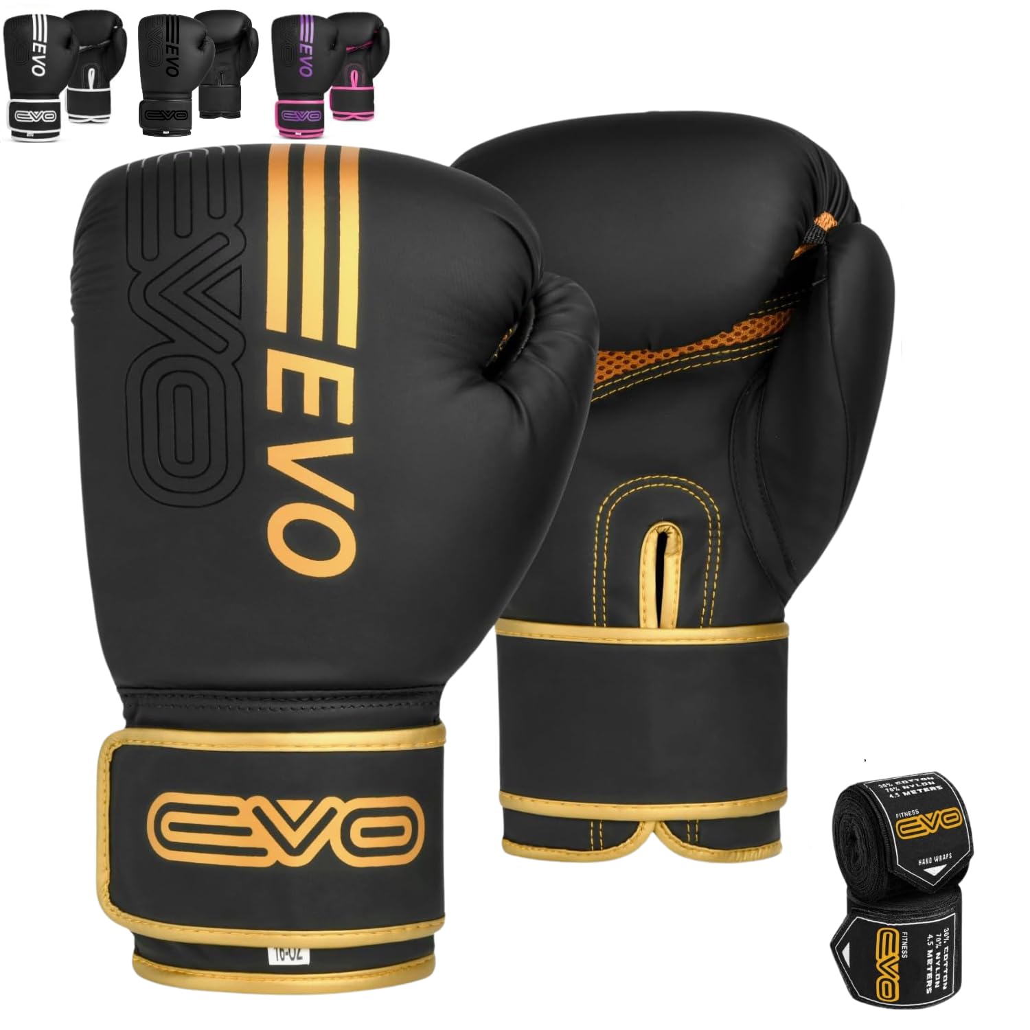 EVO Fitness Matte Black Boxing Gloves MMA Muay Thai Martial Arts Kick Boxing Sparring Training Fighting Men Punch Bag Women Pink Gloves With Hand Wraps (Golden, 12 OZ)