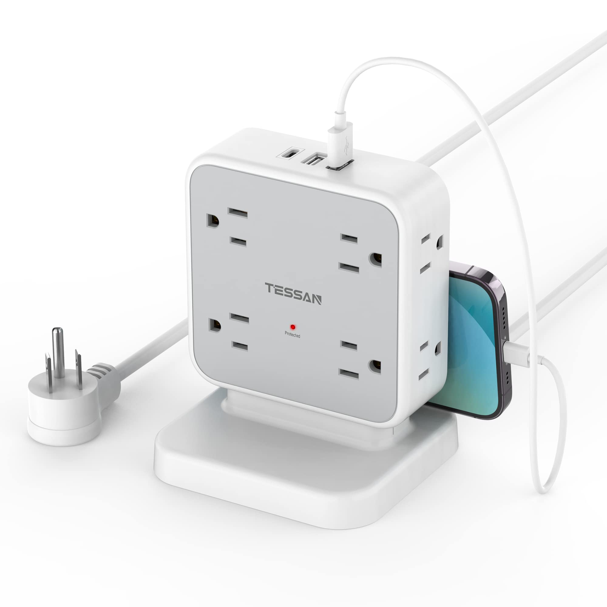 Photo 1 of Power Strip Tower Surge Protector, TESSAN 8 AC Outlets with 3 USB (1 USB C Port), 5 FT Flat Plug Extension Cord with 900 Joules Protection, Desk Charging Station for Home Office Supplies, Dorm Room
