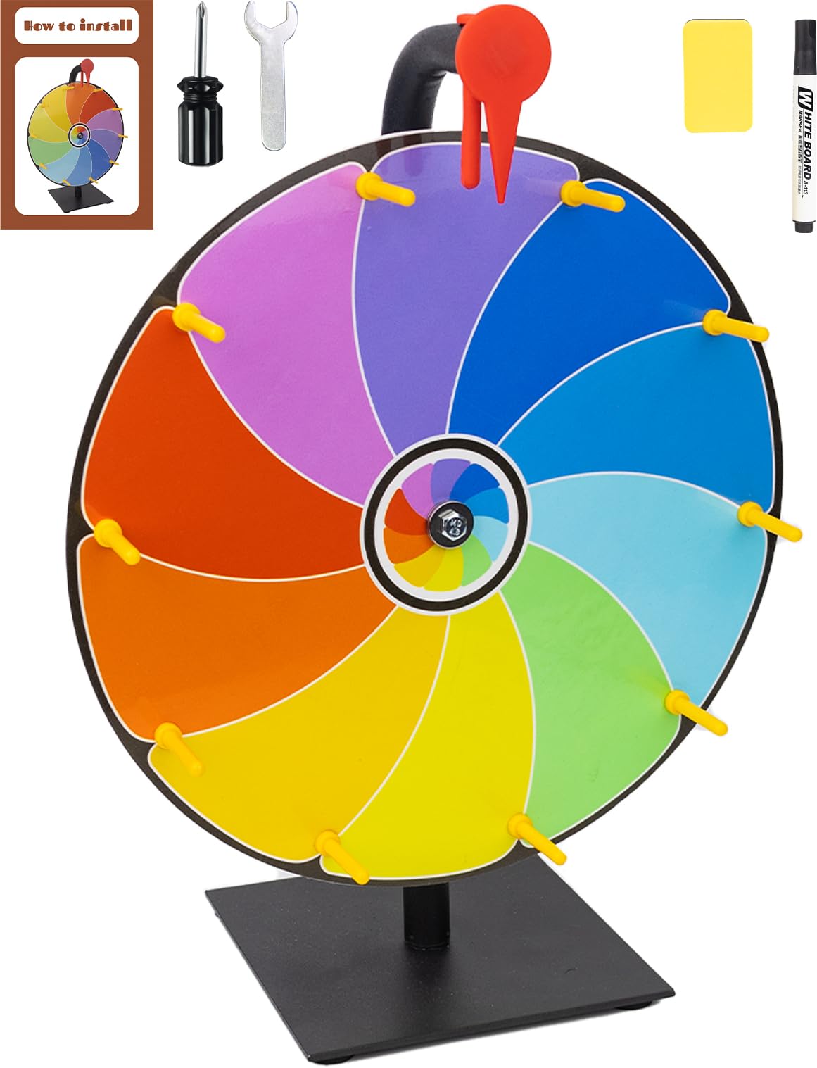 12 Inch Heavy Duty Spinning Prize Wheel - 10 Slots Color Tabletop Roulette Spinner of Fortune, with Dry Erase Marker and Eraser for Trade Show, Carnival, Win Fortune Spin Games