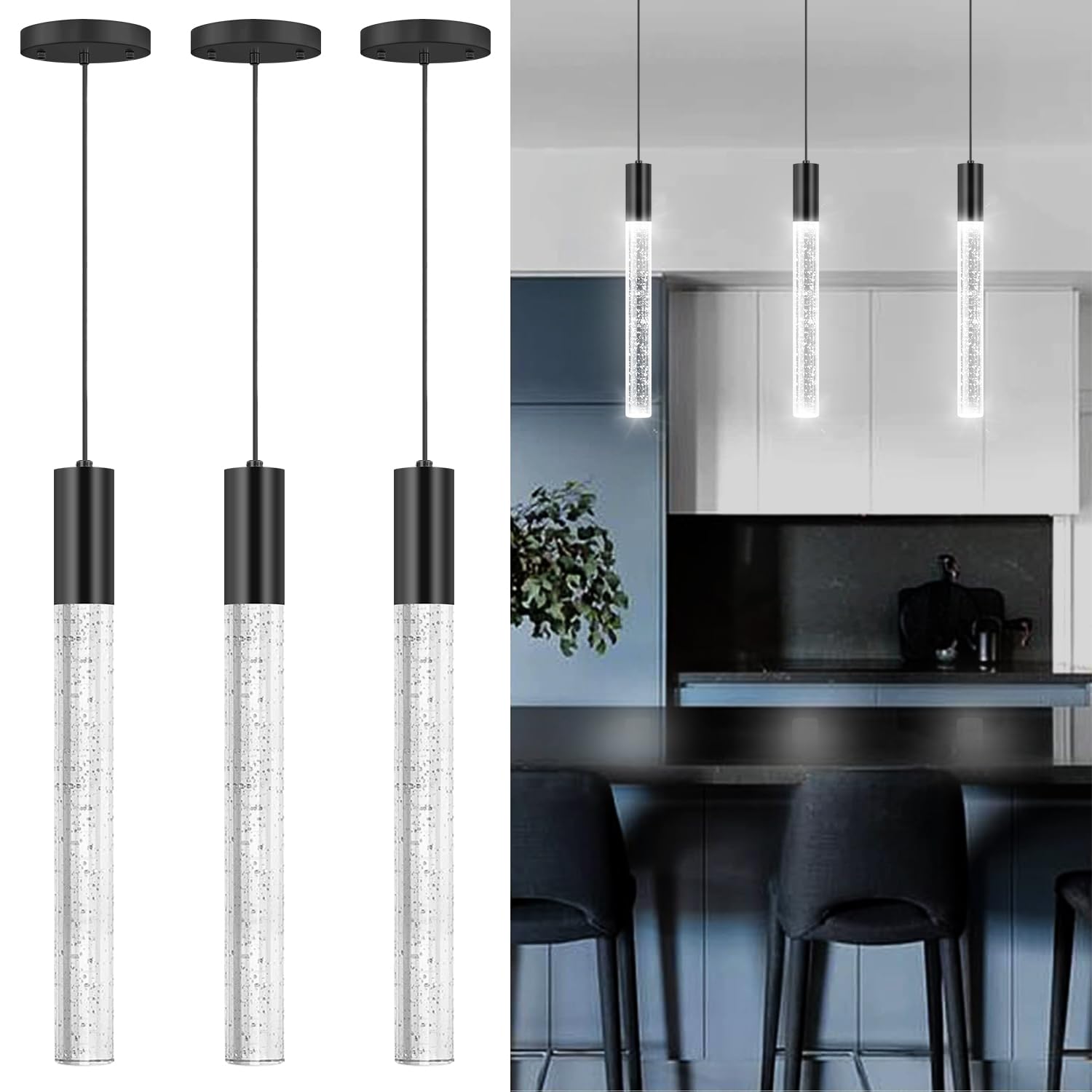 Photo 1 of 3 Packs Pendant Lights for Kitchen Island Independent LED Light Modern Dimmable Lights Pendant Lighting Fixtures for Dining Room Bedroom Hanging Light Black