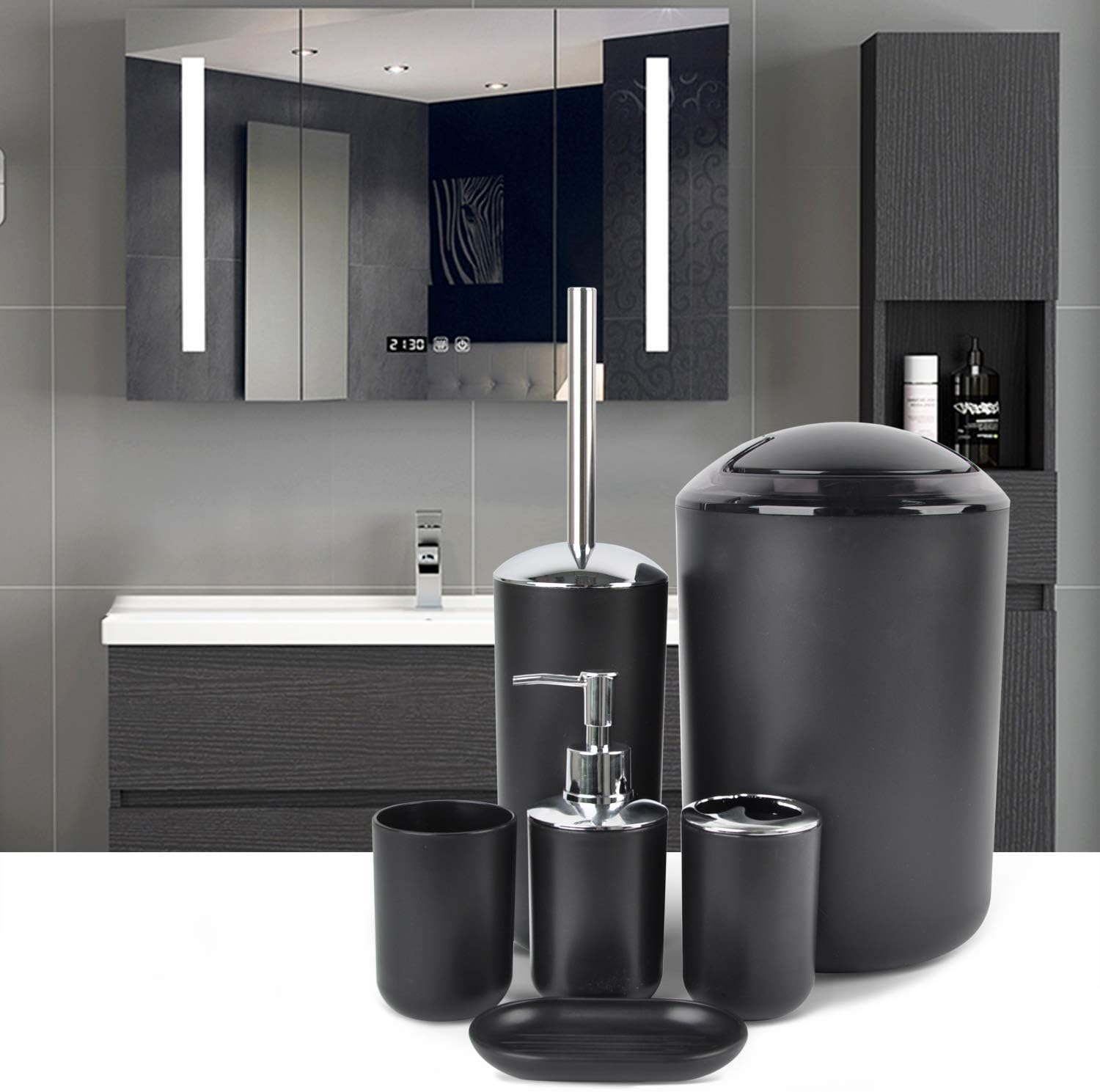 CERBIOR Bathroom Accessories Set 6 Piece Bath Ensemble Includes Soap Dispenser, Toothbrush Holder, Toothbrush Cup, Soap Dish for Decorative Countertop and Housewarming Gift, Black: Home & Kitchen