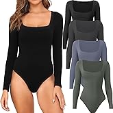 CE' CERDR 4/5 Pack Long Sleeve Body Suits Womens Square Neck Bodysuits Basic Shirts Stretchy Fitted Tops