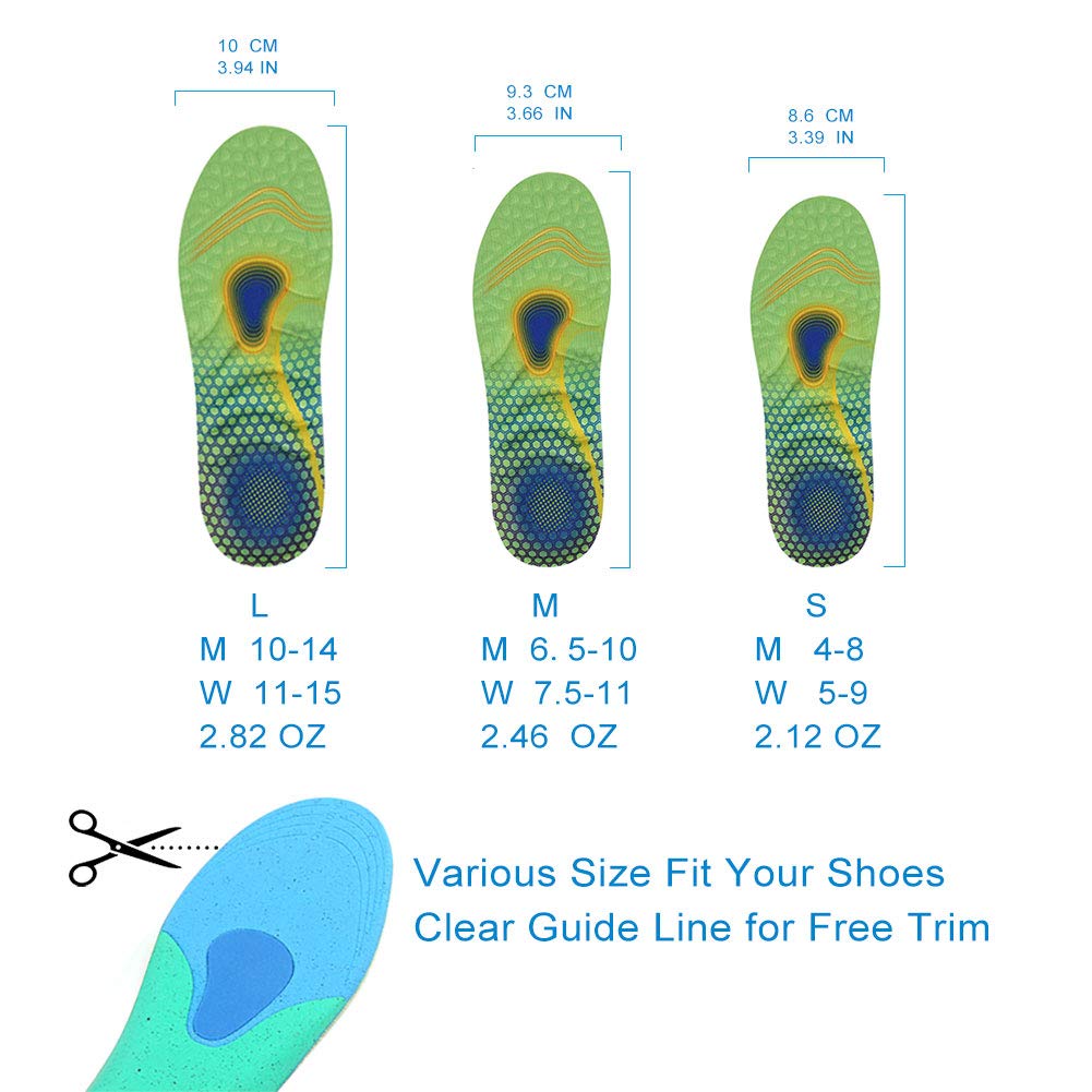 Shock Absorption Sports Shoe Insoles, Athletic Running Hiking Comfort Insoles for Sneakers or Hiking Boots, High Elastic Massage Thick Insoles, Replacement Insoles/Inserts for Men or Women – L