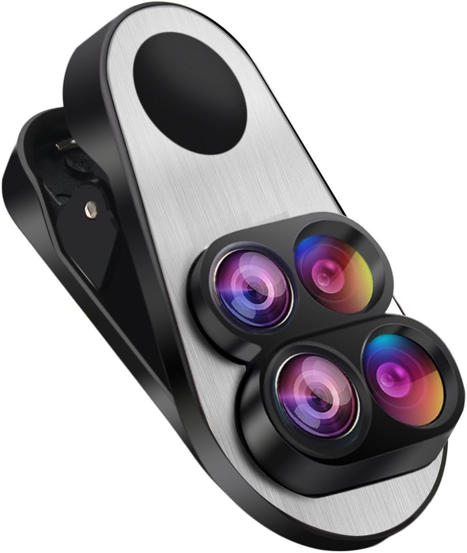 Phone Camera Lens Kit, Addprime 4 in 1 0.65 X Wide Angle Lens, 10X Macro Lens, 160 Degrees Fisheye Lens, 2X Telephoto Lens, Soft Rubber Clip-on Design for iPhone Samsung Ipad etc