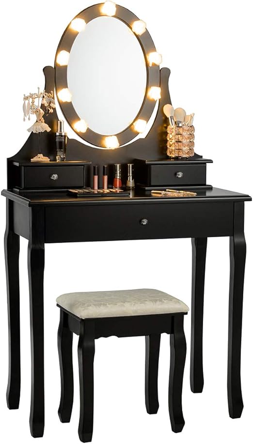 Costway Schminktisch Mit Hocker Frisiertisch Mit Drehbarem Spiegel Und Led Beleuchtung Frisierkommode Mit 3 Schubladen Kosmetiktisch Aus Tisch Und Abnehmbarer Oberteil 75 X 40 X 139cm Schwarz Amazon De Kuche Haushalt