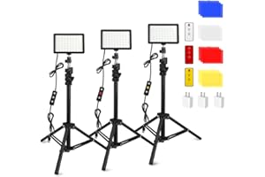 3 Packs 70 LED Video Light with Adjustable Tripod Stand/Color Filters, Obeamiu 5600K USB Studio Lighting Kit for Tablet/Low Angle Shooting, Collection Portrait YouTube Photography, Wall Charger