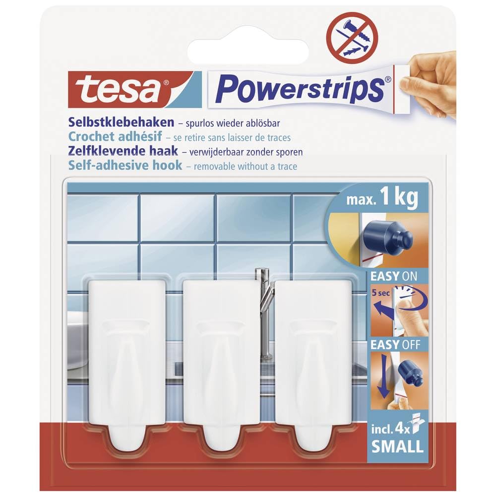 tesa Powerstrips Hooks Small TREND - Removable Self-Adhesive Wall Hook for Glass, Tiles, Wood, Plastic and Other Surfaces - Waterproof - White - Strong Hold up to 1 kg