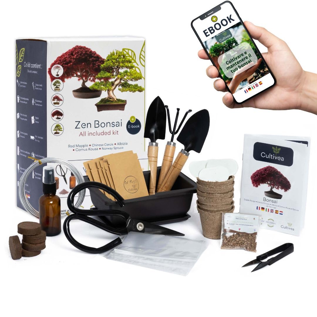 CULTIVEA® Ready to Grow Premium Bonsai Kit - Garden and Decorate - Care for Your Bonsai and Natural Plants - Thread, Fertilizer, Tools, Round Scissors, Small Bonsai Scissors - Original Gift Idea