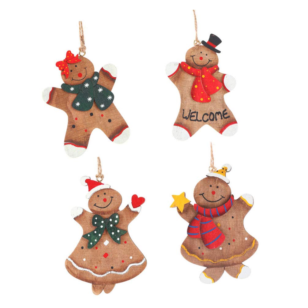 ABOOFAN 4pcs Christmas Gingerbread Man Ornaments Wooden Gingerbread Man Figurine Doll Gingerman Cookie Rustic Christmas Tree Hanging Decorations Holiday Party Goodie Bags Fillers
