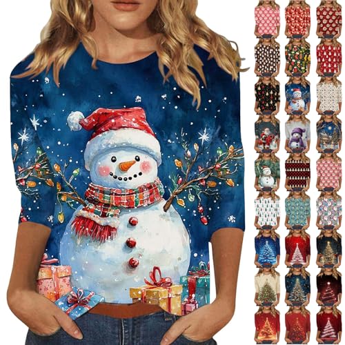 Christmas Tops for Women UK Xmas Jumpers Ladies Christmas T Shirt Casual 3/4 Sleeve Tshirts Santa Snowman Print Pullover Jumper Sweatshirt Tunic Blouse