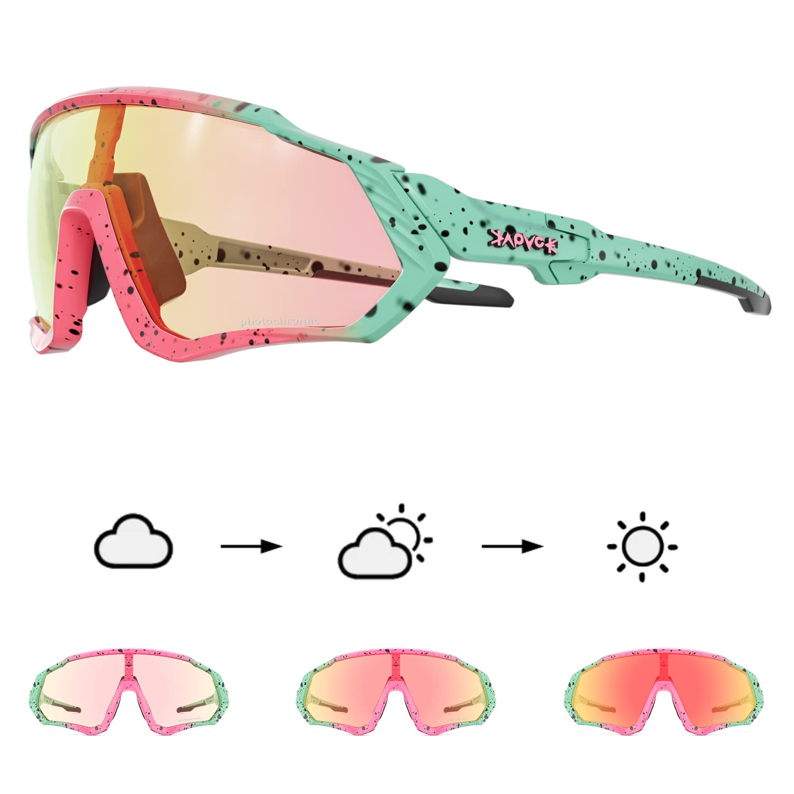 KAPVOE Photochromic Cycling Glasses For Men Women MTB BMX Clear Sports Sunglasses Running Volleyball Tennis Driving Fishing Softball Mountain Golf Hiking 10 RED