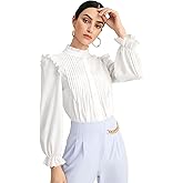 WDIRARA Women's Pleated Ruffle Trim Flounce Long Sleeve Mock Neck Blouse Top
