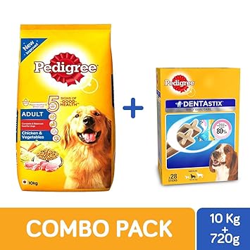 Pedigree Adult Dog Combo Pack of Dry Food (Chicken & Vegetable, 10kg) & Dentastix Oral Care Monthly Pack of 28 stix (720g)