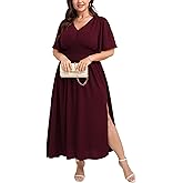 SCOMCHIC Women Plus Size Maxi Formal Dresses Wedding Guest Cocktail Short Sleeve V Neck Smocked Slit Long Flowy Dress