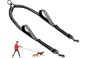 LEOSASA Double Dog Leash - No Tangle Splitter for Two Dogs, Coupler with Adjustable Long Lead Rope, Dual Control Handles, Retractable No Pull Bungee, Walk Train Small Medium Large 2 Pets (Grey)