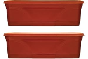 Southern Patio 36 Inch Rectangular Plastic Medallion Hanging Windowsill and Garden Box Planters with Drainage Holes, Terracotta (2 Pack)