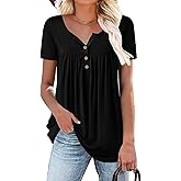 Mystry Zone Womens Henley V Neck Casual Blouse Button Down T Shirts Flare and Flowy Tops