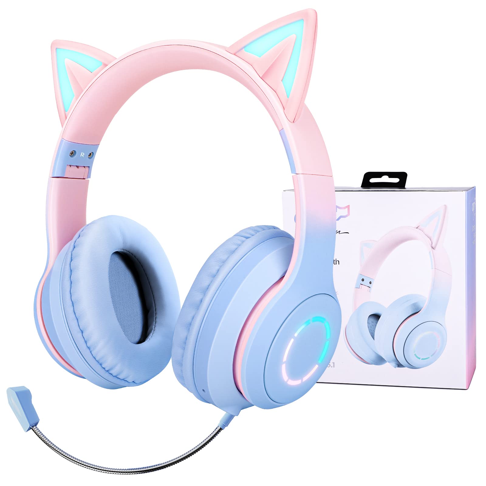 JYPS Kids Wireless Headphones, Bluetooth Childrens Headphones with LED Light and Cat Ear for Girls, Bluetooth Headset with Detachable Noise-cancelling Microphone for Call/Gaming