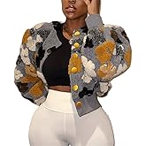 HOULENGS Women's Cropped Floral Print Fleece Bomber Jacket Casual Puff Sleeve Button Down Coats Winter Warm Outerwears
