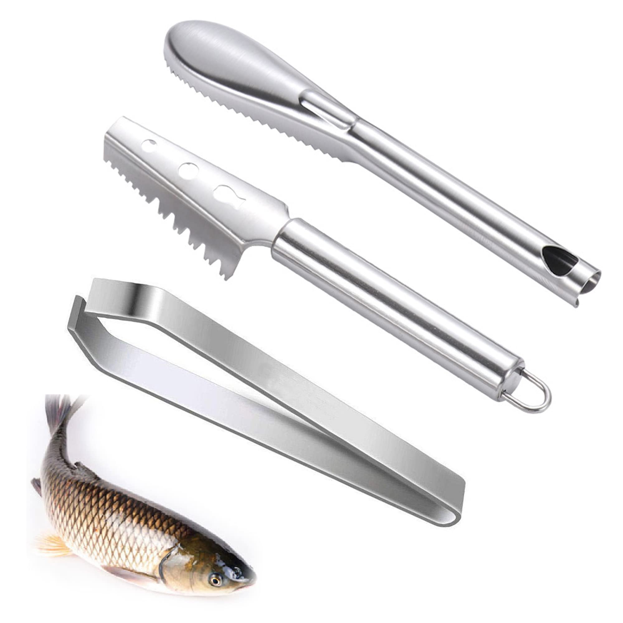 LONGHAO 3 pieces, fish scale scraper, stainless steel, fish scaler, fish scaler remover, scraper for fish, professional fish scaler scraper, non-slip fish scale brush, fish tweezers, bone clip,