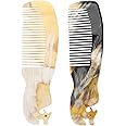 2pcs Buffalo Ox Horn Comb Handmade Engraving Anti- Static Detangling Hair Massage Horn Comb for Men Women (Random Color)