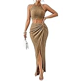 BEAUDRM Women's 2 Pieces Outfit Textured Halter Crop Top and Twist Front Split Thigh Maxi Skirt Set