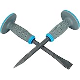 2PCS Masonry Chisel Set With Hand Protection, 11 Inches Heavy Duty Flat and Point End Rock Concrete Stone Brick Mortar Cold Chisel for Demolishing Carving Splitting Breaking Hounding