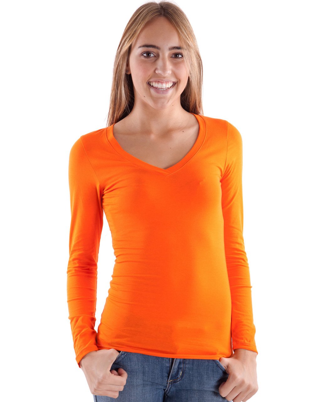 FineBrandShop Orange Ladies V-Neck Long 