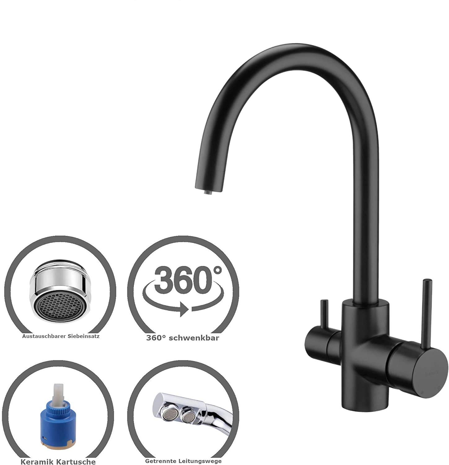 PIEGATO 3-Way Tap for Water Filter - Kitchen Tap for Osmosis Filter - Drinking Water Tap Kitchen 3-Way Tap (Matte Black)
