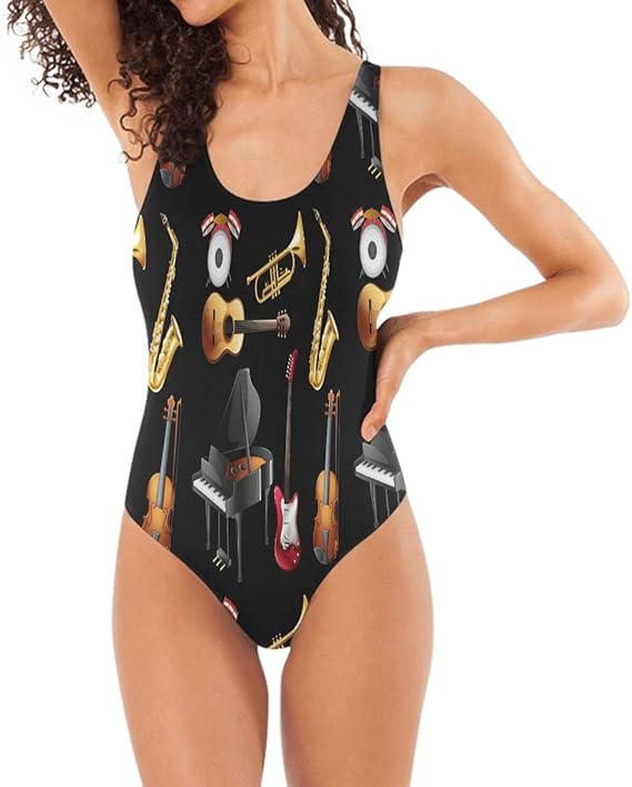 Amazon Co Jp ギターミュージックブラックアート水着モノキニビーチウェア女性用ワンピース水着女の子 服 ファッション小物