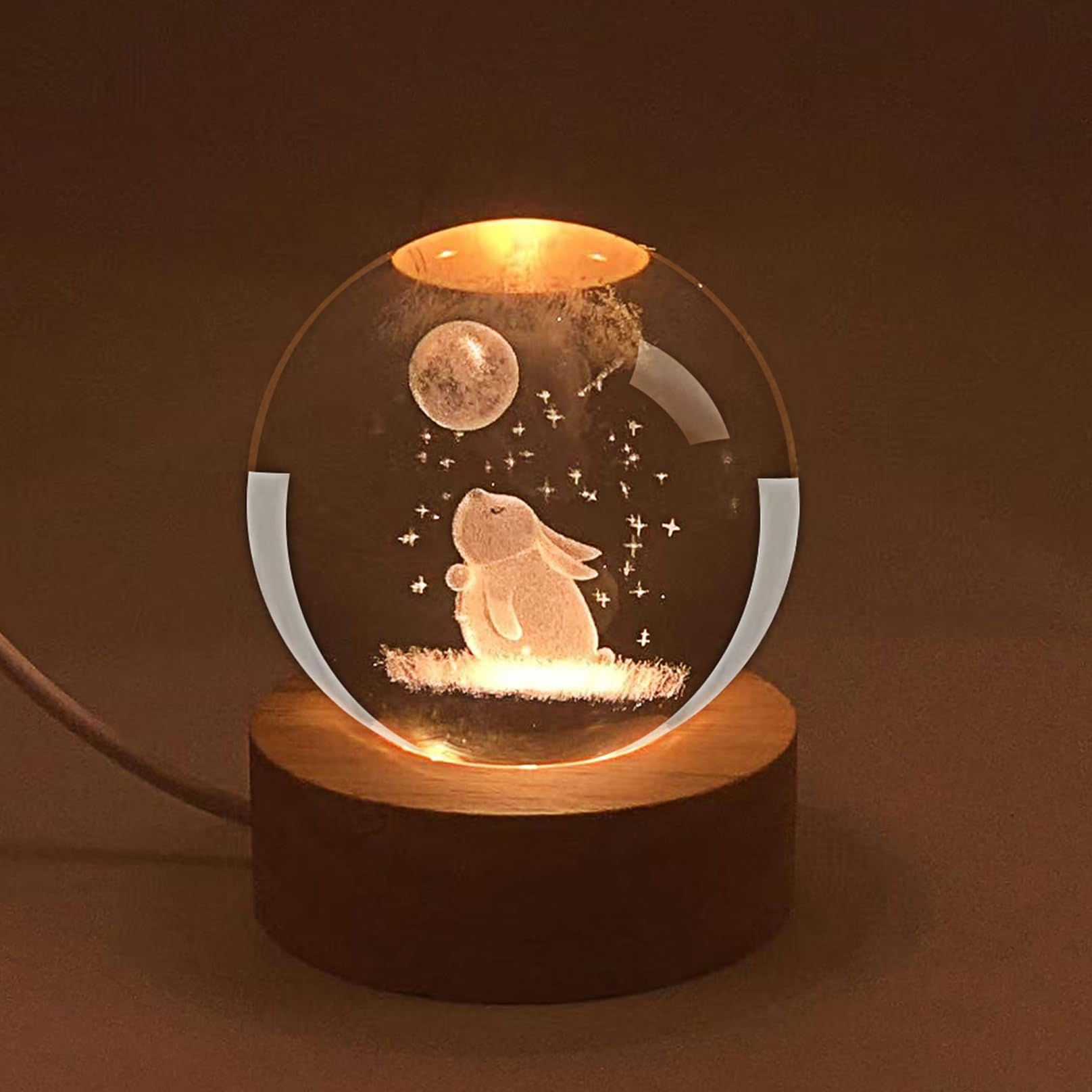 wioilyoy 3 Crystal Ball Night Light, 2.36 Inch Love Dolphin Glass Ball Light with Color LED Holder, 7 Color Variations Clear Glass Ball Light（Rabbit）